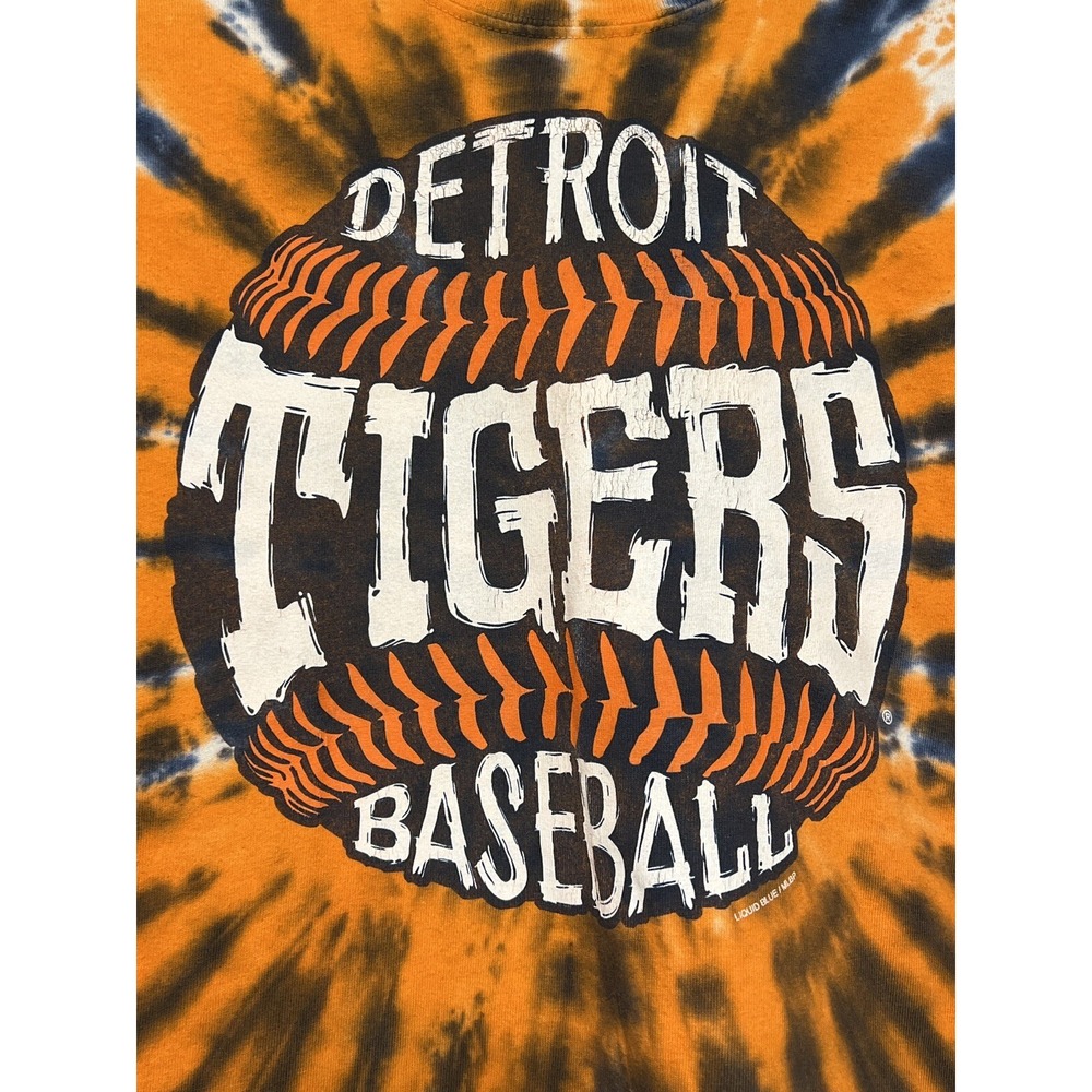 Y2K Detroit Tigers Tie Dye T Shirt XL MLB Liquid Blue Baseball Orange Blue USA - Picture 2 of 6